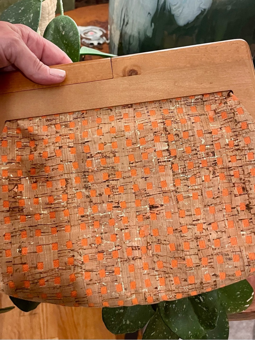 Sondra Roberts Orange Woven Clutch with Wooden Frame